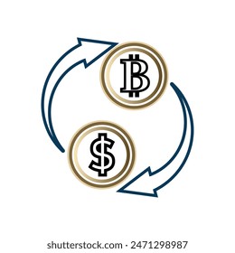 dollar coins and bit coins with arrows. money exchange or transaction. outline style design. Suitable for use for reports, presentations, finance. vector design template