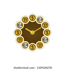 Dollar and coins, bitcoins, clock. Time and money concept on white background. Financial concept design.