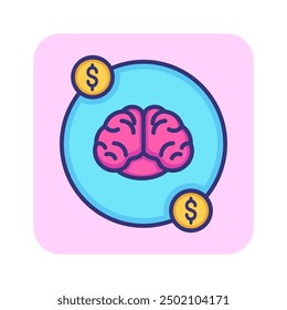 Dollar coins and brain line icon. Financial thoughts, artificial intelligence, modern technology. Currency concept. Vector illustration can be used for topics like e-commerce, money, internet