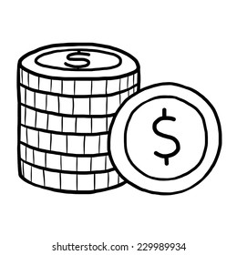 dollar coins / cartoon vector and illustration, black and white, hand drawn, sketch style, isolated on white background.