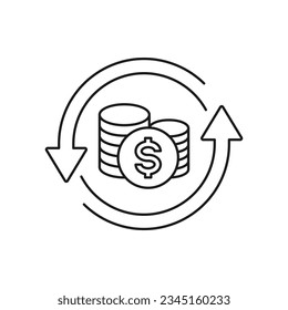 Monedas en dólares en flecha circular. Rotación de dinero, cambio de divisas, ícono de línea delgada editable. Ilustración del vector