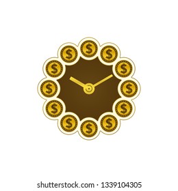 Dollar coins and clock. Time and money concept on white background. Financial concept design.