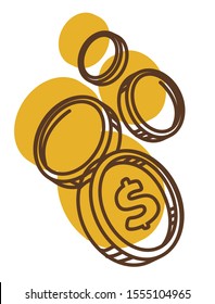 Dollar coins close up. Money cash, cents falling down. US currency monetary change. Financial transaction, savings, investment, banking and economy. Graphic vector illustration on white background.