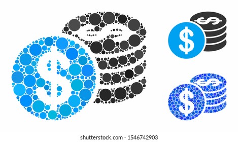 Dollar coins composition of filled circles in variable sizes and shades, based on dollar coins icon. Vector filled circles are united into blue illustration.