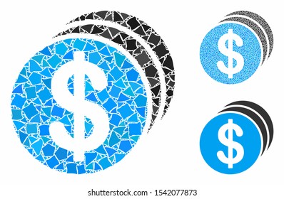 Dollar coins composition of rough pieces in variable sizes and color tinges, based on dollar coins icon. Vector raggy parts are organized into collage. Dollar coins icons collage with dotted pattern.