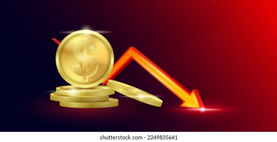 Dollar coins currency on stock market with red arrows up and down. Banner for news on red solid background. 3D Vector EPS10.