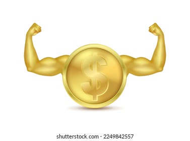 Monedas en dólares moneda potente con brazos que muestran músculos fuertes dorados. Aislado sobre fondo blanco. El mercado de valores y la economía global boom. Concepto económico empresarial. Ilustración vectorial 3D.