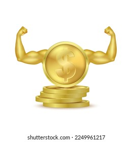 Dollar coins currency powerful with arms showing strong muscles golden. Isolated on white background. Stock market and Global economy boom. Business economic concept. 3D Vector illustration.