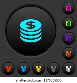 Dollar coins dark push buttons with vivid color icons on dark grey background