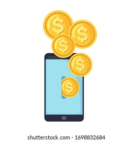 Dollar coins droping into slot at the mobile phone screen. Icon in flat style isolated on white background. Depositing money or online business concept. Vector illustration.