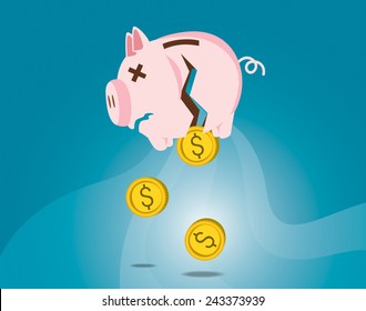 Dollar coins dropping out from broken piggy bank.Bankrupt concept illustration vector file