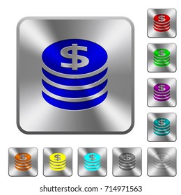 Dollar coins engraved icons on rounded square glossy steel buttons