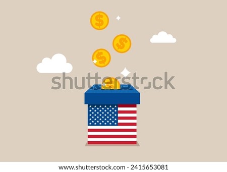 Dollar coins falling in a box with a United States of America. Charity fundraising and generosity.  Modern vector illustration in flat style