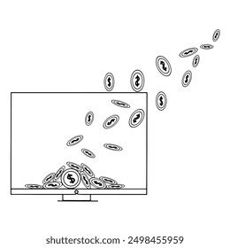 Dollar coins falling in computer isolated on transparent background. Illustration vector.