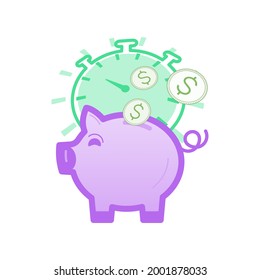 Dollar coins falling into piggy bank with time running stopwatch in the back. Time is money concept. Vector illustration outline flat design style.