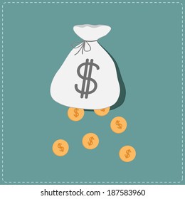 Dollar coins falling out of the bag. Success concept. Dash line frame. Vector Illustration