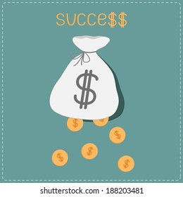 Dollar coins falling out of the bag. Success concept. Vector Illustration