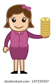 Dollar Coins in Female Hand - Vector Illustration