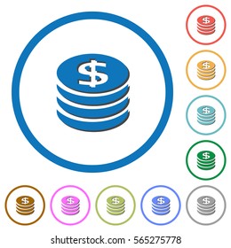 Dollar coins flat color vector icons with shadows in round outlines on white background