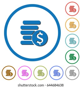 Dollar coins flat color vector icons with shadows in round outlines on white background