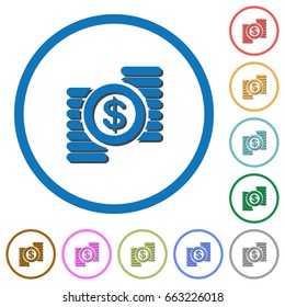 Dollar coins flat color vector icons with shadows in round outlines on white background