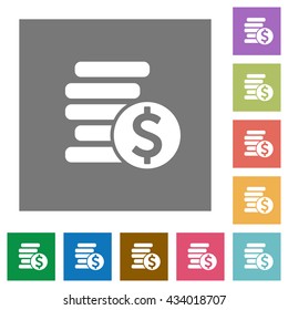 Dollar coins flat icon set on color square background.