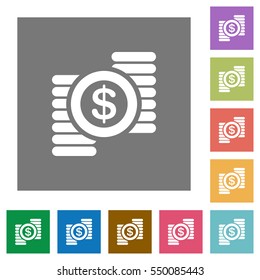 Dollar coins flat icons on simple color square backgrounds