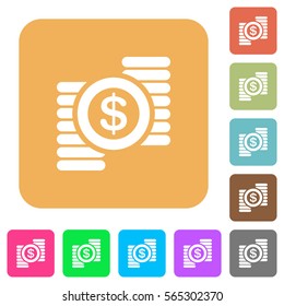 Dollar coins flat icons on rounded square vivid color backgrounds.