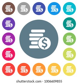 Dollar coins flat white icons on round color backgrounds. 17 background color variations are included.