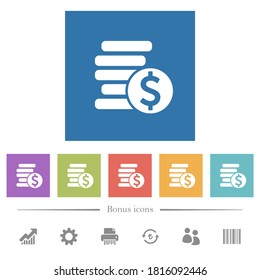 Monedas de dólares iconos blancos planos en fondo cuadrado. 6 iconos de bonificación incluidos.
