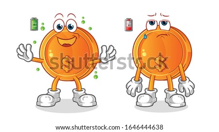 dollar coins full battery good mod and low battery bad mod cartoon. cartoon mascot vector