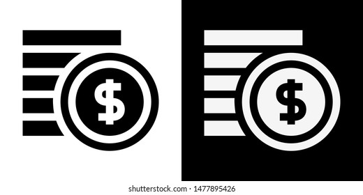 Dollar Coins. Glyph Icon in White and Black Version.