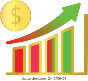 Dollar coins growing up or increase graph isolated on white background. Editable trade marketing money graph clipart vector eps