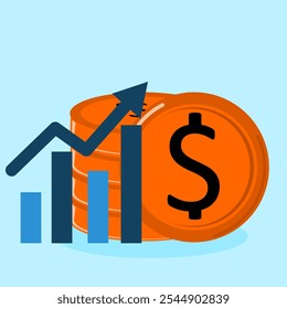 dollar coins with growth bars in success rate. Dollar bill with arrow on graph upwards. Financial growth icon illustration, in flat style vector design.