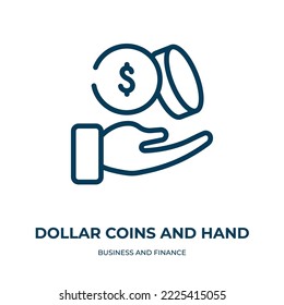 Monedas en dólares e icono de mano. Ilustración lineal vectorial de la colección de empresas y finanzas. Esbozar monedas en dólares y vectores de iconos de mano. Símbolo de línea delgada para uso en aplicaciones web y móviles, logotipo, impresión 