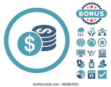 Dollar Coins icon with bonus elements. Vector illustration style is flat iconic bicolor symbols, cyan and blue colors, white background.