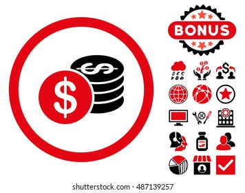 Dollar Coins icon with bonus elements. Vector illustration style is flat iconic bicolor symbols, intensive red and black colors, white background.