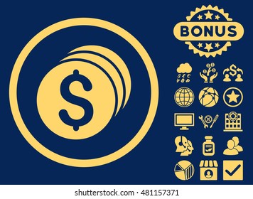 Dollar Coins icon with bonus. Vector illustration style is flat iconic symbols, yellow color, blue background.