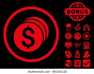 Dollar Coins icon with bonus. Vector illustration style is flat iconic symbols, red color, black background.