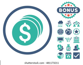 Dollar Coins icon with bonus. Vector illustration style is flat iconic bicolor symbols, cobalt and cyan colors, white background.