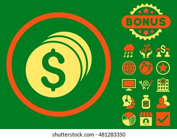 Dollar Coins icon with bonus. Vector illustration style is flat iconic bicolor symbols, orange and yellow colors, green background.