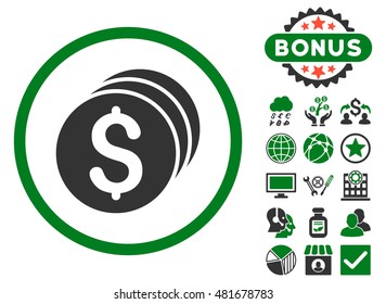 Dollar Coins icon with bonus. Vector illustration style is flat iconic bicolor symbols, green and gray colors, white background.