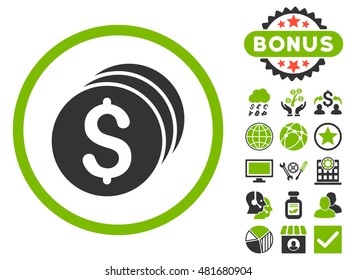Dollar Coins icon with bonus. Vector illustration style is flat iconic bicolor symbols, eco green and gray colors, white background.