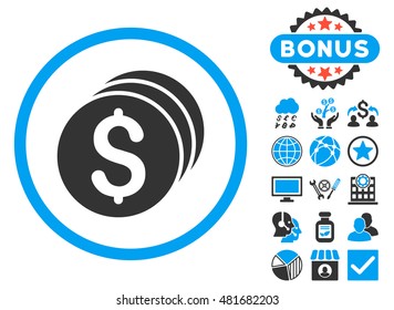 Dollar Coins icon with bonus. Vector illustration style is flat iconic bicolor symbols, blue and gray colors, white background.
