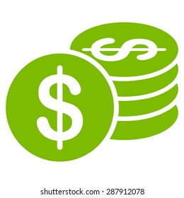 Dollar Coins icon from Business Bicolor Set. This flat vector symbol uses eco green color, rounded angles, and isolated on a white background.