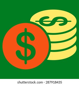 Dollar Coins icon from Business Bicolor Set. This flat vector symbol uses orange and yellow colors, rounded angles, and isolated on a green background.