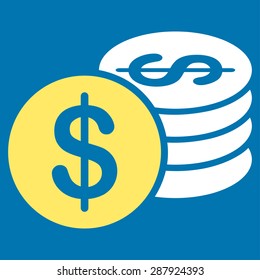 Dollar Coins icon from Business Bicolor Set. This flat vector symbol uses yellow and white colors, rounded angles, and isolated on a blue background.