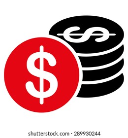 Dollar Coins icon from Business Bi-color Set. This flat vector symbol uses intensive red and black colors, rounded angles, and isolated on a white background.