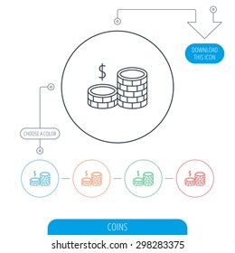Dollar coins icon. Cash money sign. Bank finance symbol. Line circle buttons. Download arrow symbol. Vector