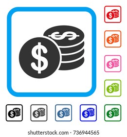 Dollar Coins icon. Flat gray iconic symbol inside a light blue rounded rectangle. Black, gray, green, blue, red, orange color versions of Dollar Coins vector. Designed for web and app user interface.